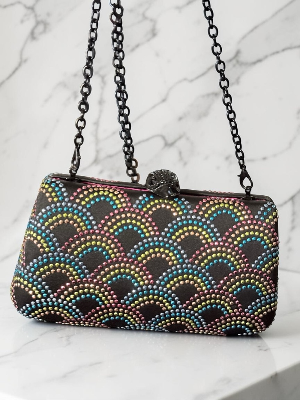 Kurt Geiger 🪢 NWOT Crystal Party Clutch with Multicolor Stud Scallop Pattern